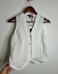Saks Fifth Avenue 100% Linen White Button Down V- Neck Fitted Vest Top