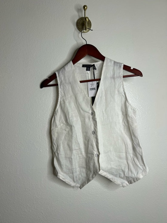 Saks Fifth Avenue 100% Linen White Button Down V- Neck Fitted Vest Top