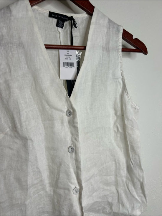 Saks Fifth Avenue 100% Linen White Button Down V- Neck Fitted Vest Top
