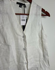 Saks Fifth Avenue 100% Linen White Button Down V- Neck Fitted Vest Top