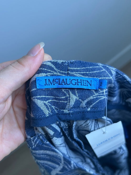 J. McLaughlin 100% Cotton Denim Leaf Lover Print Wide Leg Trouser Pant