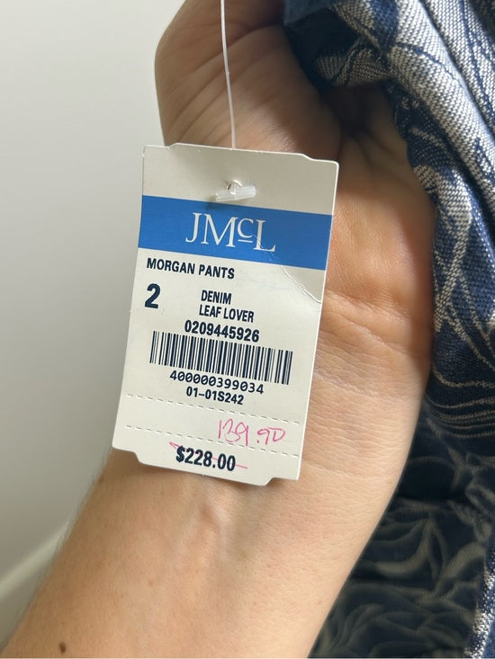 J. McLaughlin 100% Cotton Denim Leaf Lover Print Wide Leg Trouser Pant