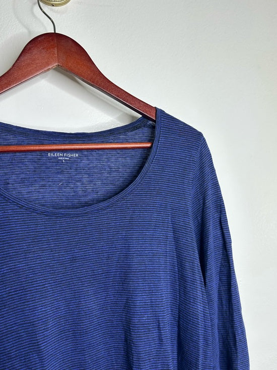 Eileen Fisher 100% Linen Lighweight Scoop Neck Blue Striped Short Sleeve Top