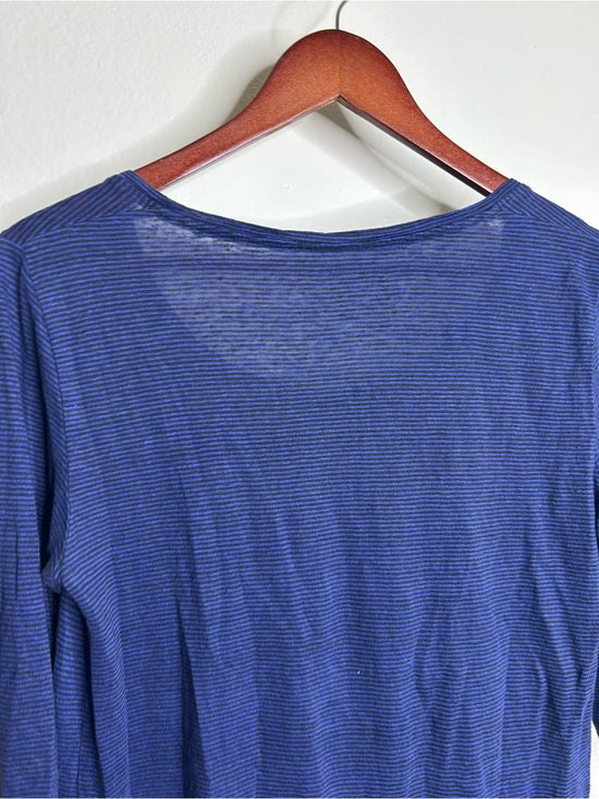 Eileen Fisher 100% Linen Lighweight Scoop Neck Blue Striped Short Sleeve Top