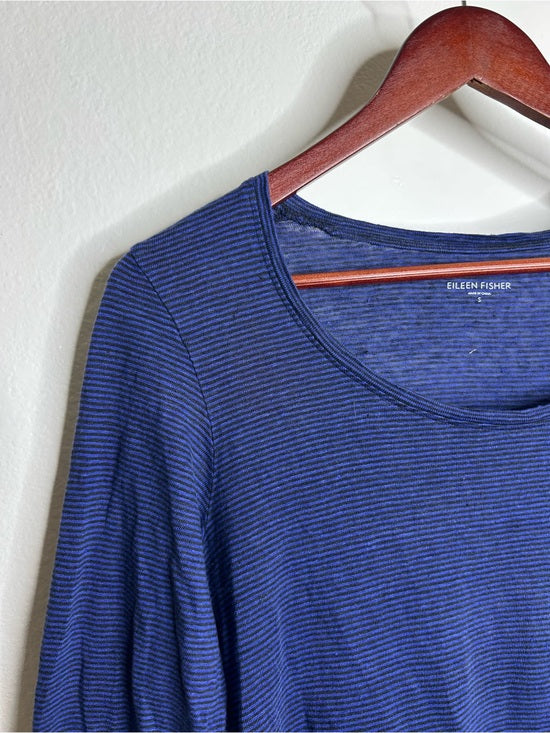 Eileen Fisher 100% Linen Lighweight Scoop Neck Blue Striped Short Sleeve Top