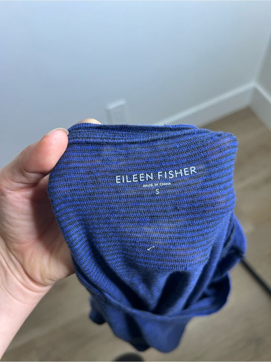 Eileen Fisher 100% Linen Lighweight Scoop Neck Blue Striped Short Sleeve Top