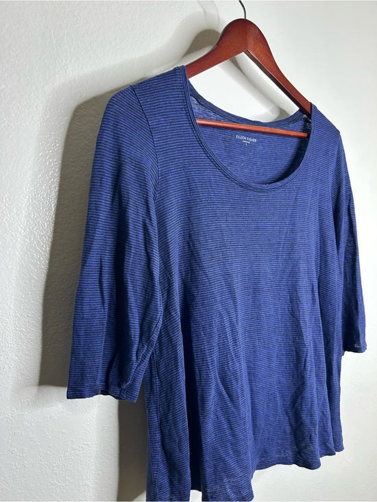 Eileen Fisher Eileen Fisher 100% Linen Lighweight Scoop Neck Blue Striped Short Sleeve Top - Linen