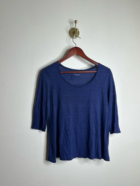 Eileen Fisher Eileen Fisher 100% Linen Lighweight Scoop Neck Blue Striped Short Sleeve Top - Linen
