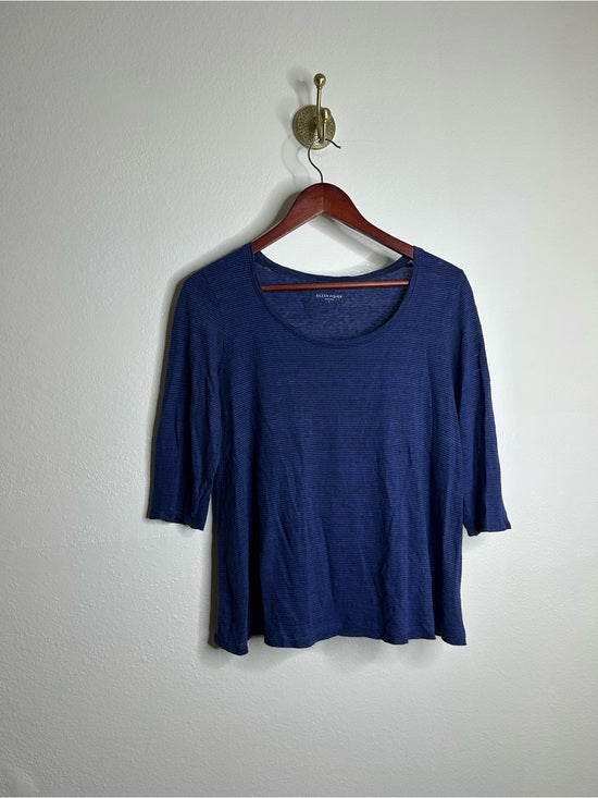 Eileen Fisher Eileen Fisher 100% Linen Lighweight Scoop Neck Blue Striped Short Sleeve Top - Linen