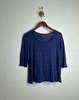 Eileen Fisher 100% Linen Lighweight Scoop Neck Blue Striped Short Sleeve Top