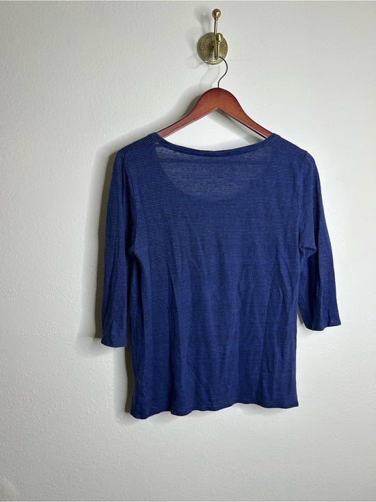 Eileen Fisher Eileen Fisher 100% Linen Lighweight Scoop Neck Blue Striped Short Sleeve Top - Linen
