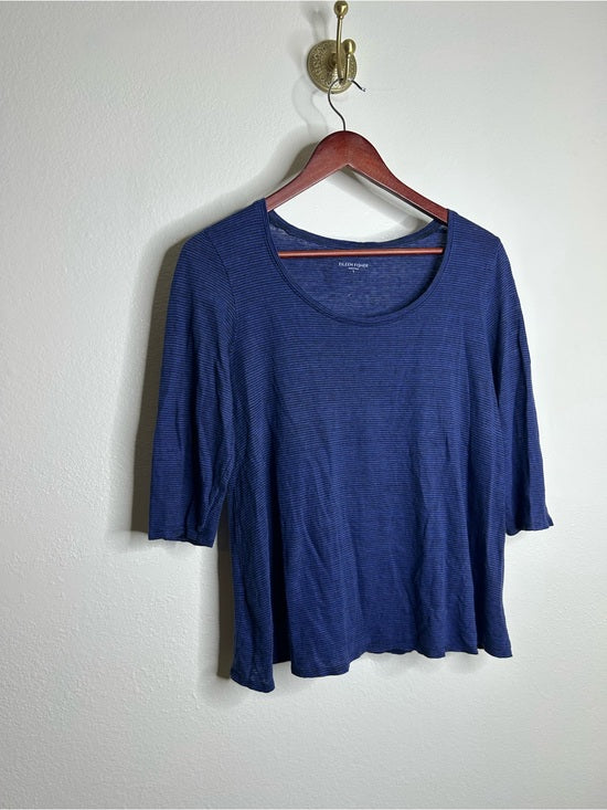 Eileen Fisher 100% Linen Lighweight Scoop Neck Blue Striped Short Sleeve Top