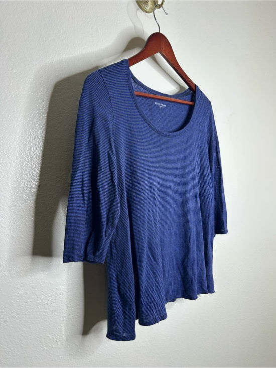 Eileen Fisher 100% Linen Lighweight Scoop Neck Blue Striped Short Sleeve Top