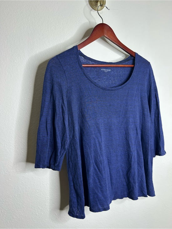 Eileen Fisher 100% Linen Lighweight Scoop Neck Blue Striped Short Sleeve Top