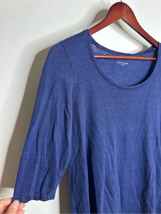 Eileen Fisher 100% Linen Lighweight Scoop Neck Blue Striped Short Sleeve Top