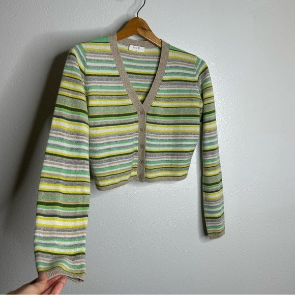 One Grey Day OGD 100% Cashmere Striped Cropped Button Down Cardigan Sweater - Cashmere