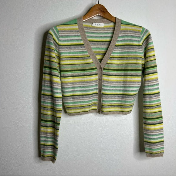 One Grey Day OGD 100% Cashmere Striped Cropped Button Down Cardigan Sweater - Cashmere