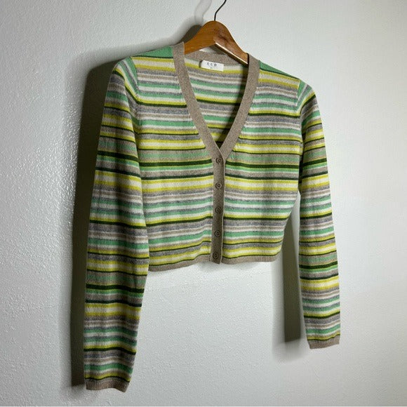 One Grey Day OGD 100% Cashmere Striped Cropped Button Down Cardigan Sweater - Cashmere