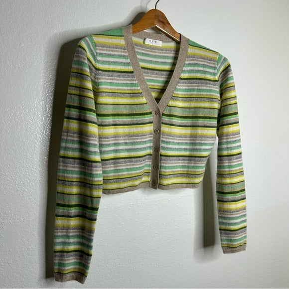 One Grey Day OGD 100% Cashmere Striped Cropped Button Down Cardigan Sweater - Cashmere