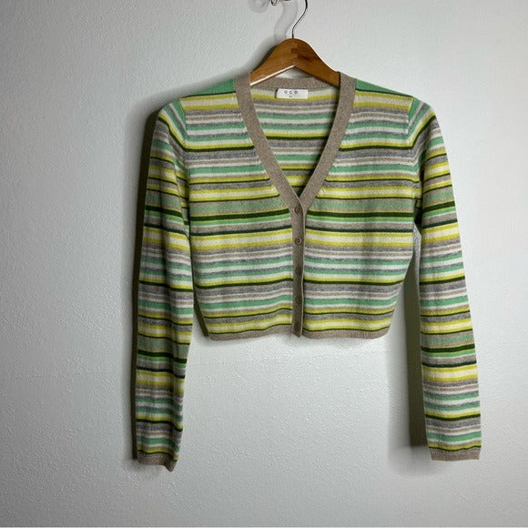One Grey Day OGD 100% Cashmere Striped Cropped Button Down Cardigan Sweater - Cashmere