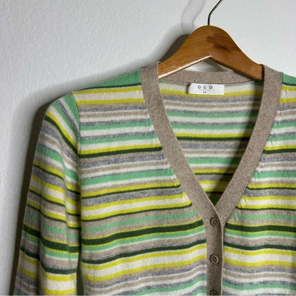 One Grey Day OGD 100% Cashmere Striped Cropped Button Down Cardigan Sweater - Cashmere