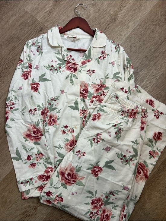 Garnet Hill 100% Organic Cotton Floral White Long Sleeve Pajama Set