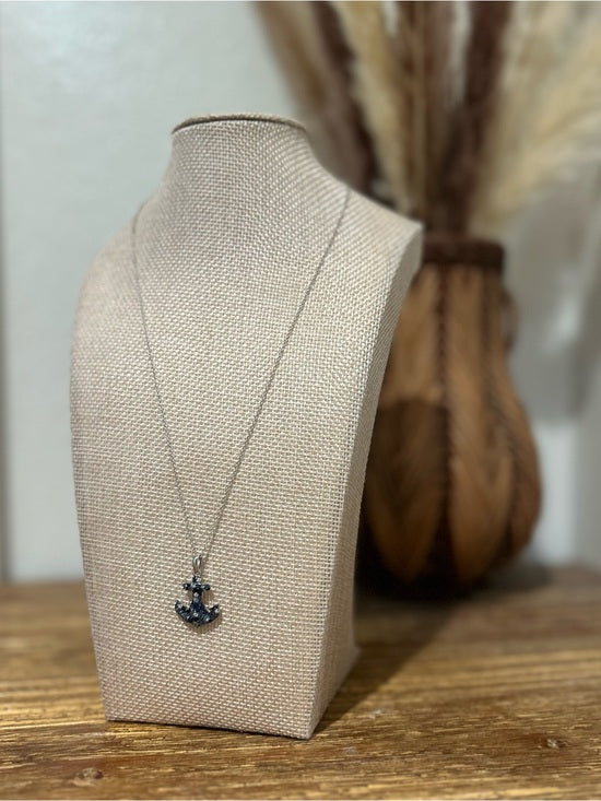 925 Sterling Silver Blue Sapphire Topaz Anchor Studded Pendant Necklace