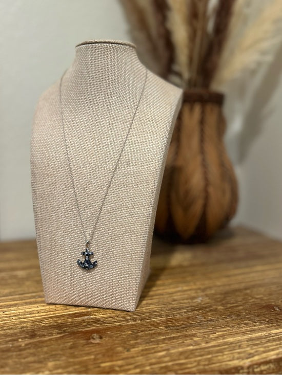 925 Sterling Silver Blue Sapphire Topaz Anchor Studded Pendant Necklace
