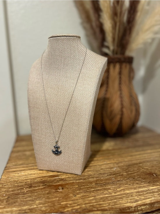925 Sterling Silver Blue Sapphire Topaz Anchor Studded Pendant Necklace