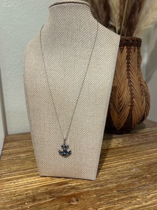 925 Sterling Silver Blue Sapphire Topaz Anchor Studded Pendant Necklace