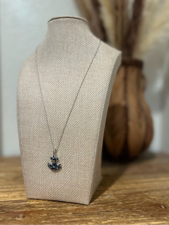 925 Sterling Silver Blue Sapphire Topaz Anchor Studded Pendant Necklace