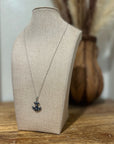 925 Sterling Silver Blue Sapphire Topaz Anchor Studded Pendant Necklace