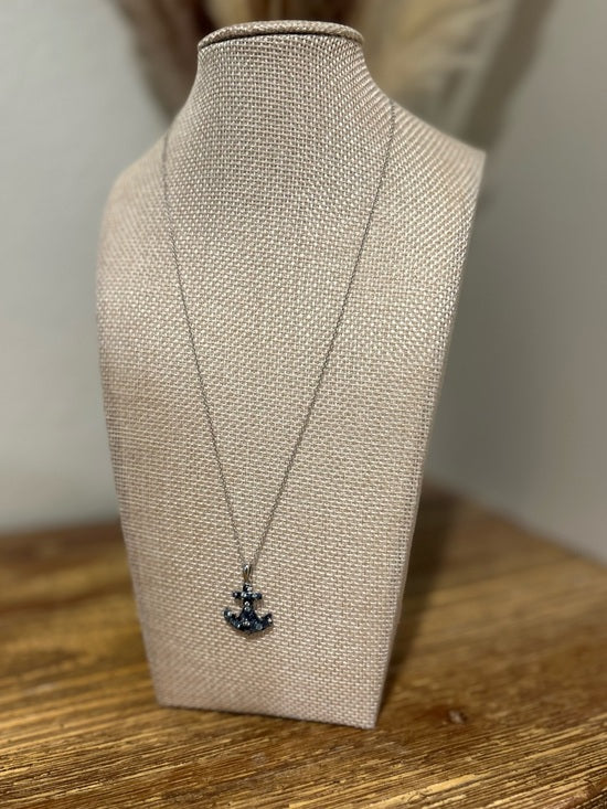 925 Sterling Silver Blue Sapphire Topaz Anchor Studded Pendant Necklace
