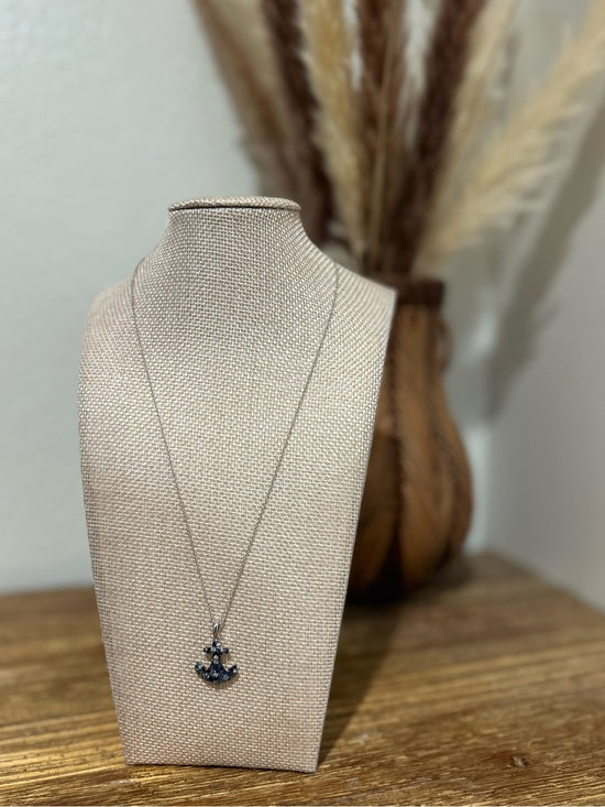 925 Sterling Silver Blue Sapphire Topaz Anchor Studded Pendant Necklace