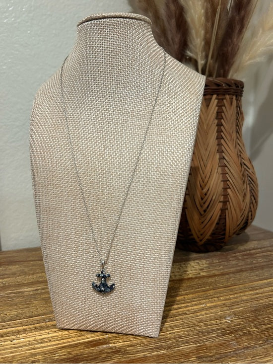 925 Sterling Silver Blue Sapphire Topaz Anchor Studded Pendant Necklace