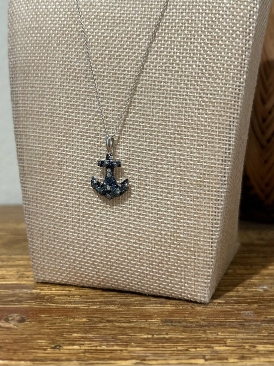 925 Sterling Silver Blue Sapphire Topaz Anchor Studded Pendant Necklace