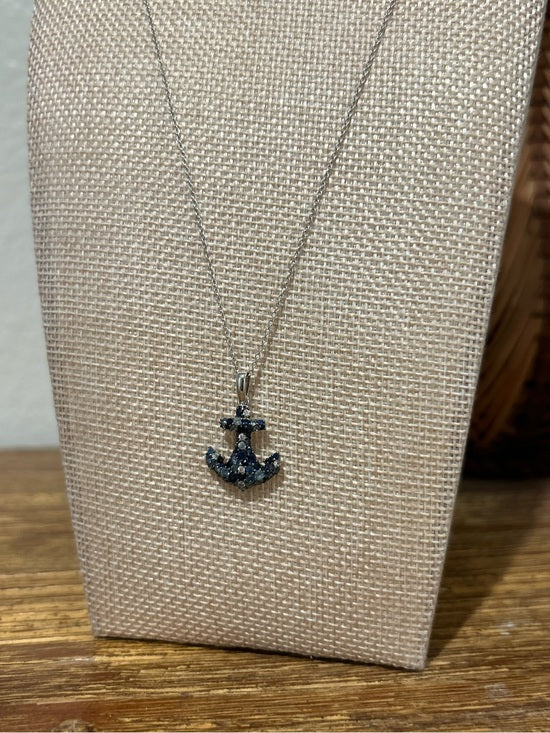 925 Sterling Silver Blue Sapphire Topaz Anchor Studded Pendant Necklace