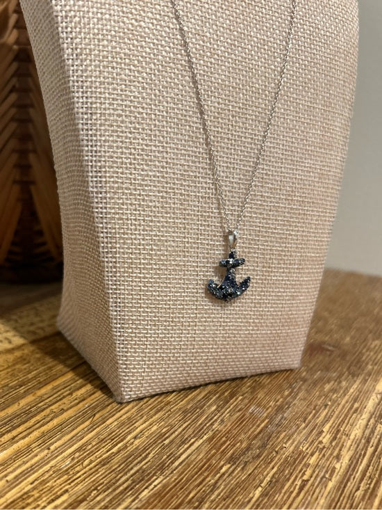 925 Sterling Silver Blue Sapphire Topaz Anchor Studded Pendant Necklace