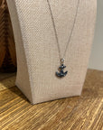 925 Sterling Silver Blue Sapphire Topaz Anchor Studded Pendant Necklace