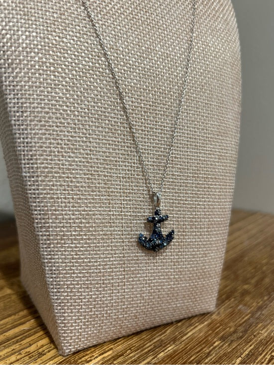 925 Sterling Silver Blue Sapphire Topaz Anchor Studded Pendant Necklace