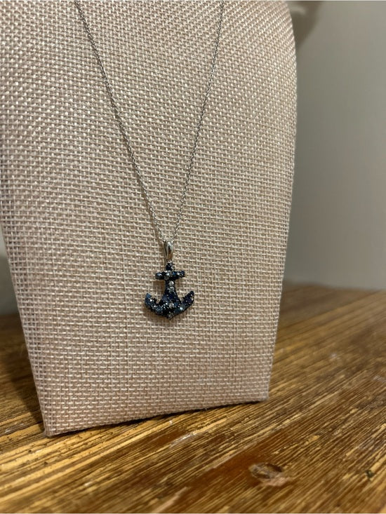 925 Sterling Silver Blue Sapphire Topaz Anchor Studded Pendant Necklace