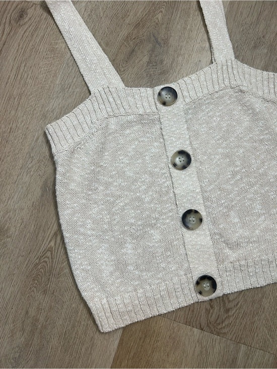 525 American Cotton Linen Textured Chunky Button Down Sweater Tank Neutral