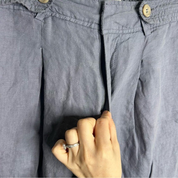 Nicole Miller 100% Linen Belted Straight Leg Cropped Trouser Pant