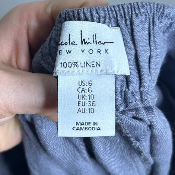 Nicole Miller 100% Linen Belted Straight Leg Cropped Trouser Pant