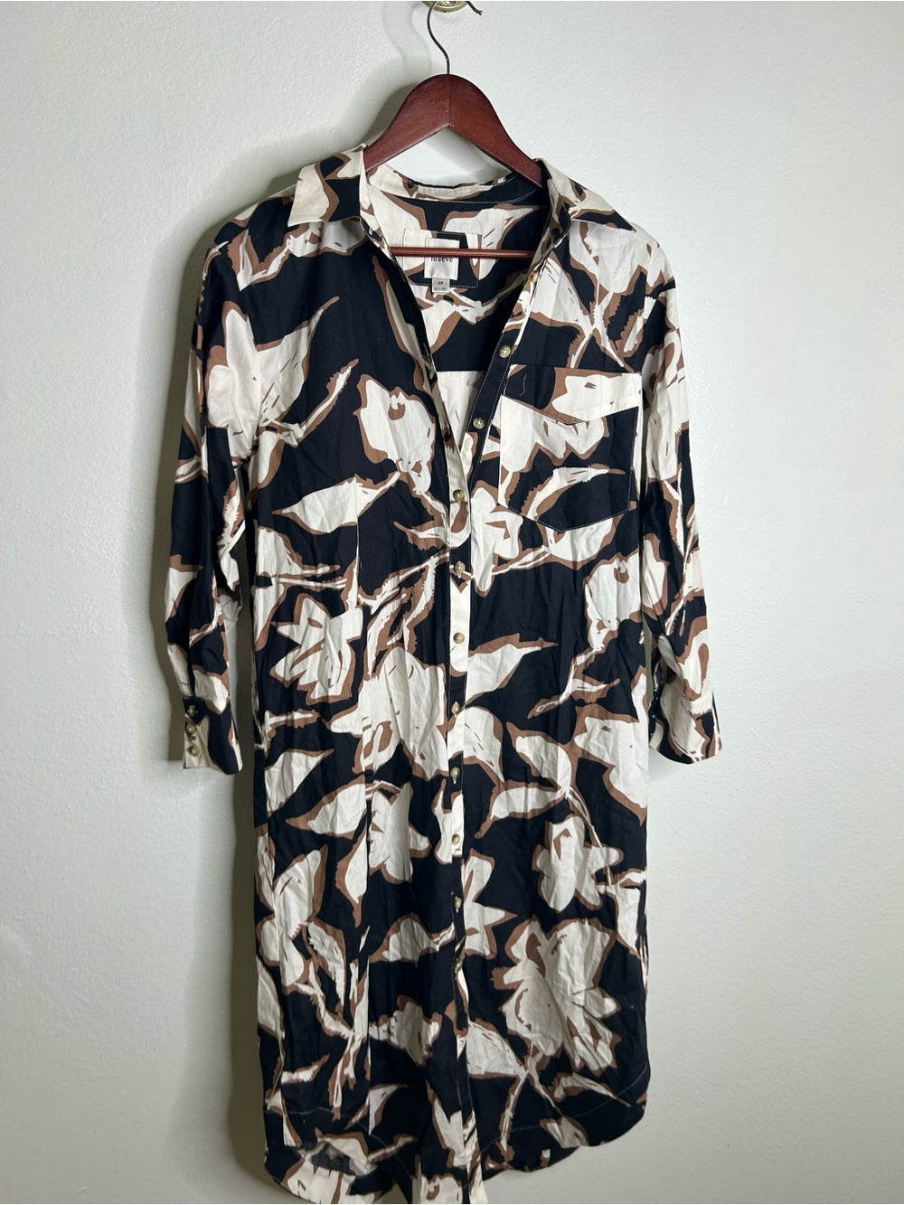 Anthropologie Maeve 100% Cotton Neutral Floral Button Down Shirt Midi Dress