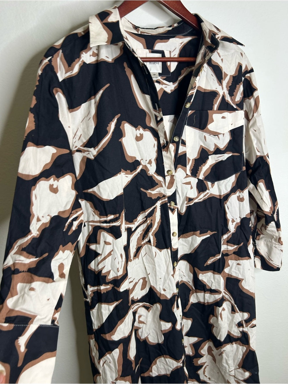 Anthropologie Maeve 100% Cotton Neutral Floral Button Down Shirt Midi Dress