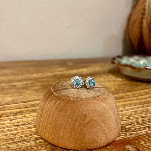 Genuine Blue Topaz White Topaz Halo Stud Post Earrings 925 Sterling Silver