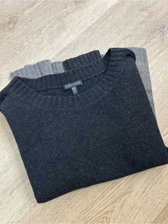 Eileen Fisher Yak Wool Silk Knit Black Gray Gradient Textured Crew Neck Sweater