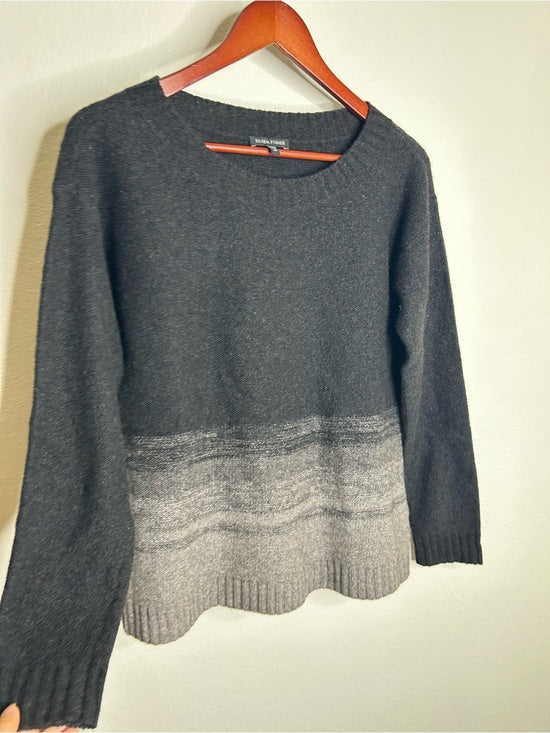 Eileen Fisher Yak Wool Silk Knit Black Gray Gradient Textured Crew Neck Sweater