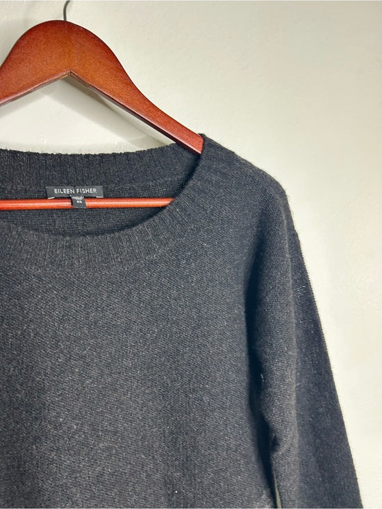Eileen Fisher Yak Wool Silk Knit Black Gray Gradient Textured Crew Neck Sweater
